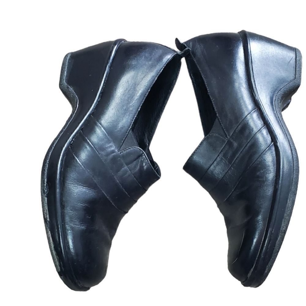 Dansko Black Leather Wedge Clogs